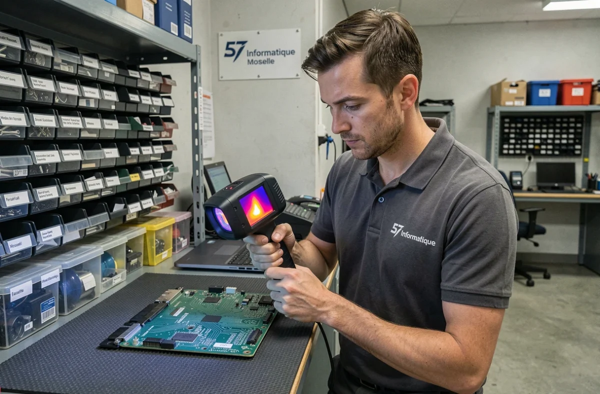 Technicien 57 Informatique inspectant une carte mère avec une caméra thermique dans son atelier en Moselle