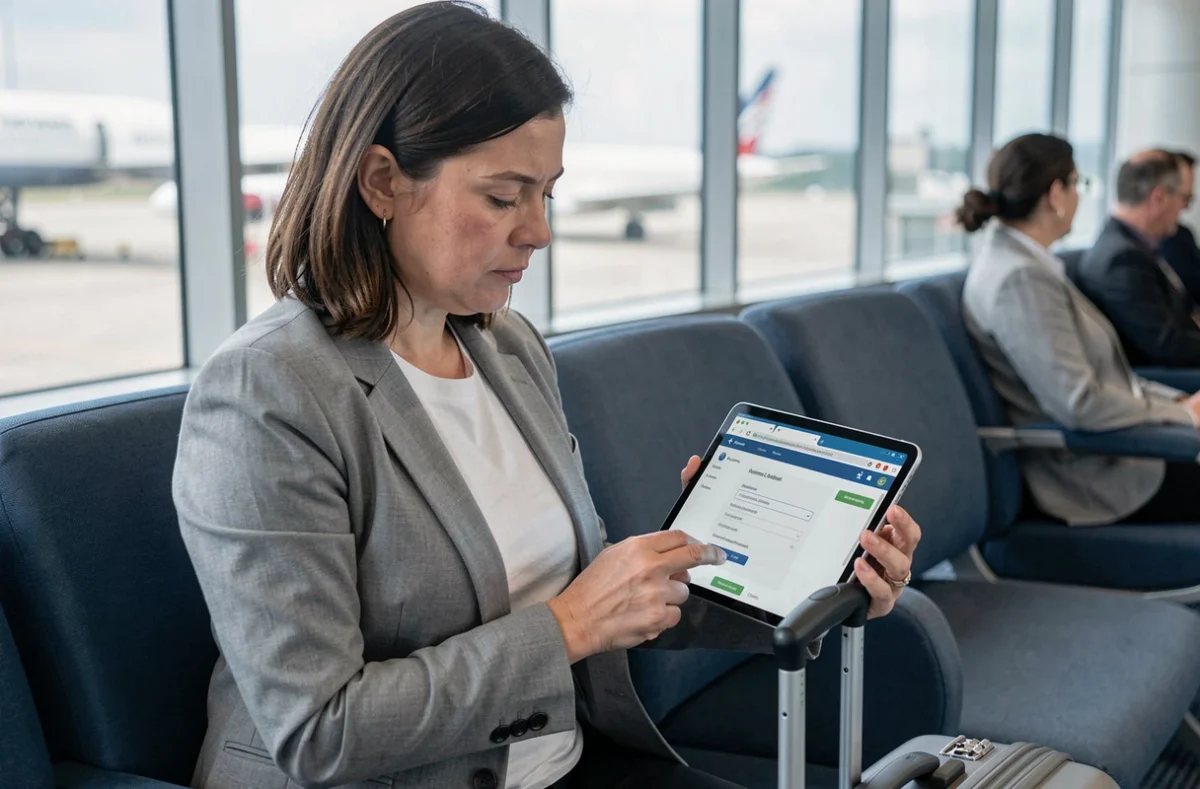 Femme consultant l'interface Freebox à distance depuis un salon d'aéroport avec une tablette