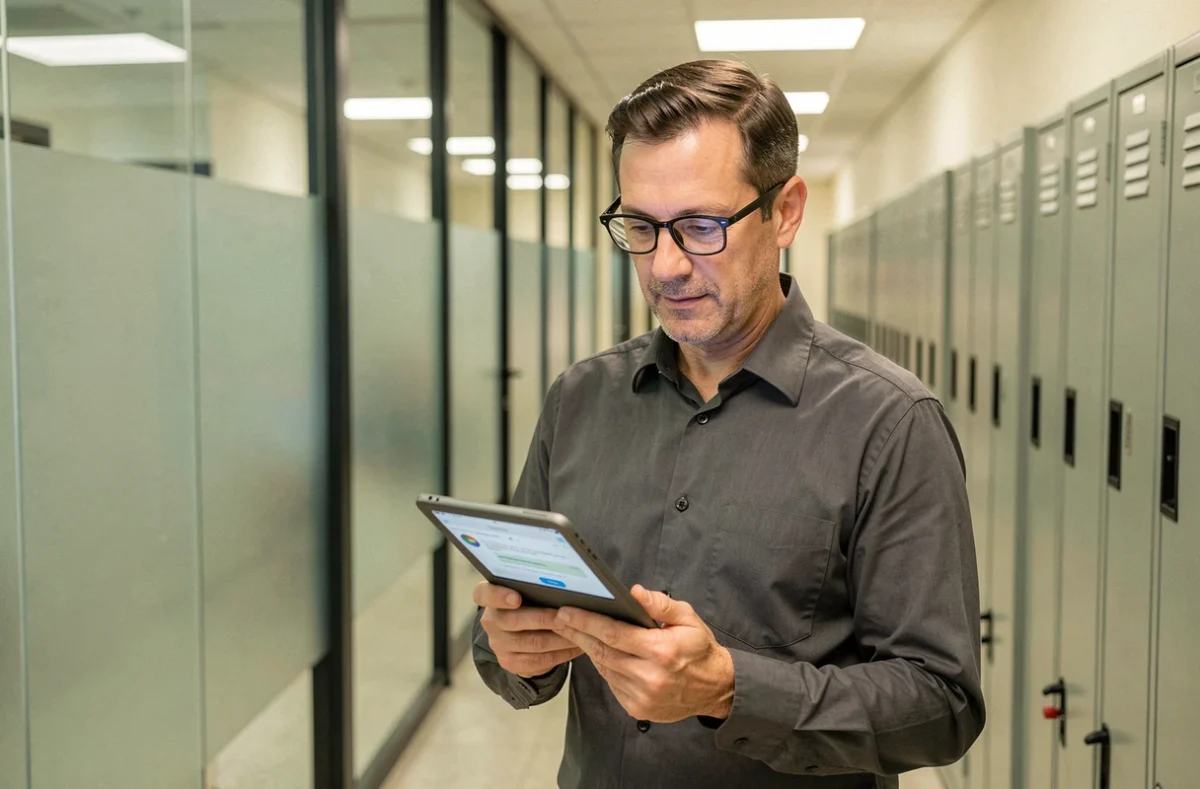Administrateur scolaire consultant des échanges sécurisés par messagerie académique sur une tablette dans un couloir d'école