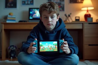 Adolescent jouant à Roblox sur Nintendo Switch dans sa chambre, assis par terre en tenant la console portable