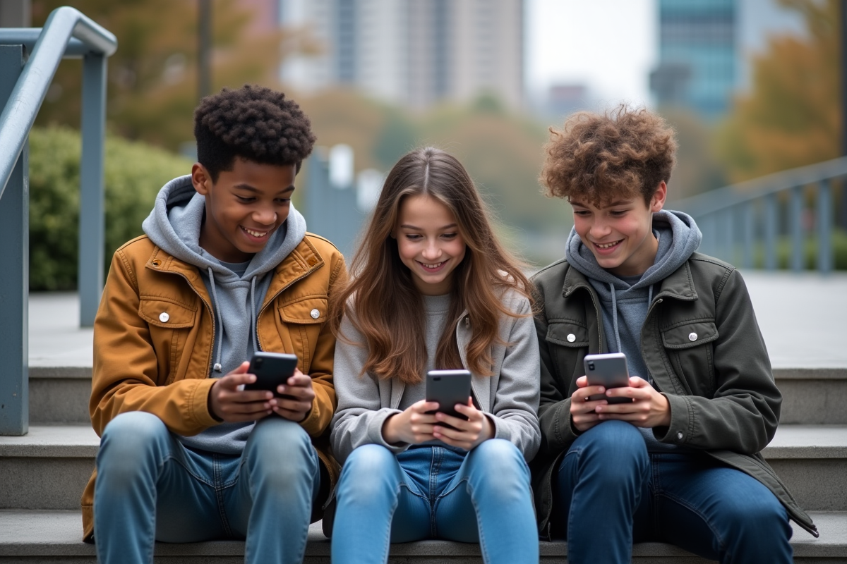 Trois adolescents souriants avec leurs téléphones dehors
