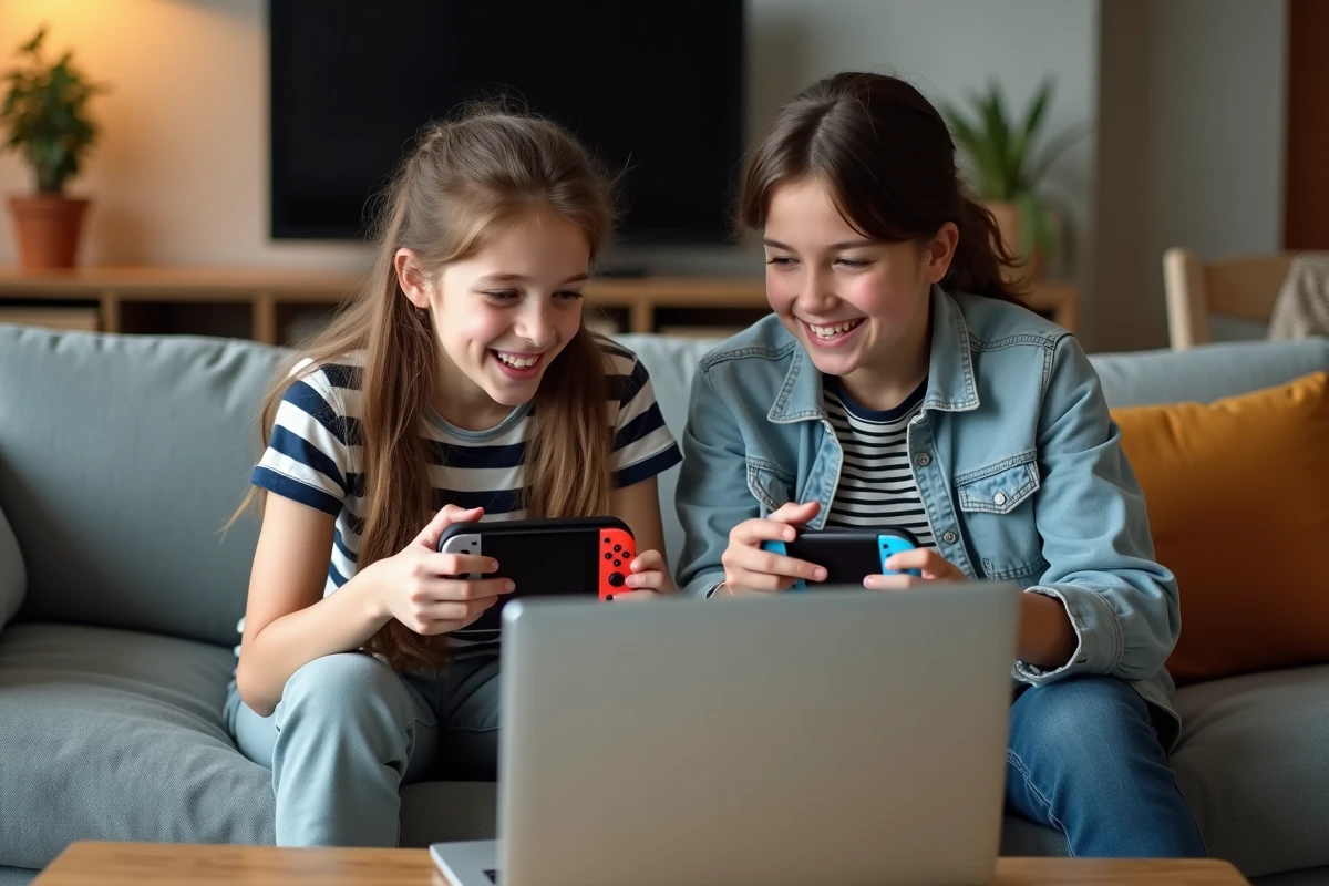 Deux adolescents comparant Roblox sur Nintendo Switch et sur PC portable dans un salon, expressions animées
