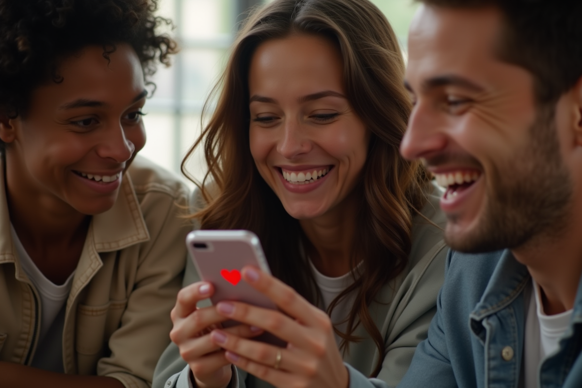 Groupe d amis riant avec un smartphone affichant un emoji cœur rouge Snapchat