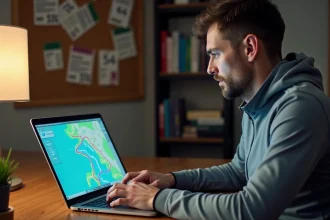 Coureur analysant une trace GPX sur un ordinateur portable avec carte de parcours et données Strava