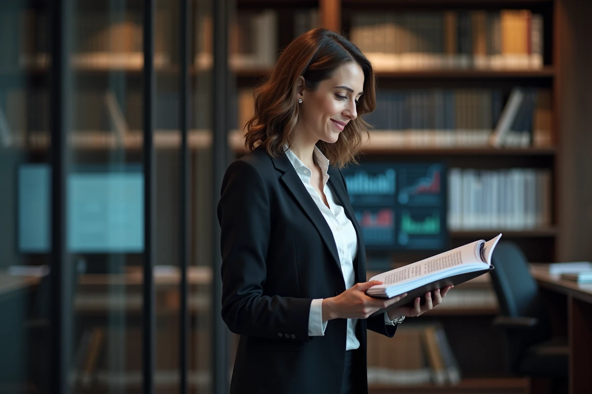 Femme juriste analysant des dossiers dans une bibliothèque