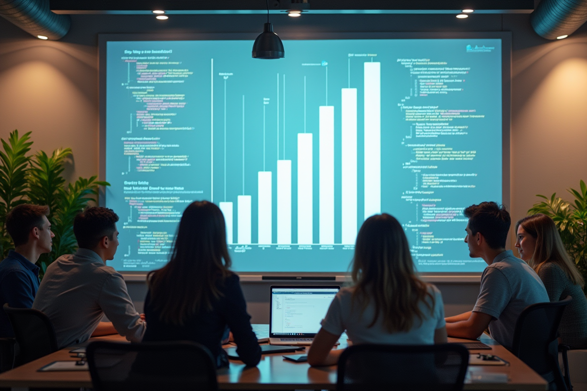 Groupe en brainstorming devant un tableau blanc numérique avec symbole | dans le code