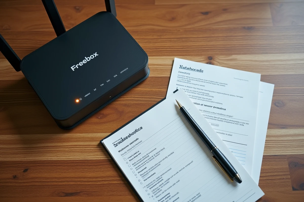 Bureau avec routeur Freebox et checklist pour résoudre l'erreur 20