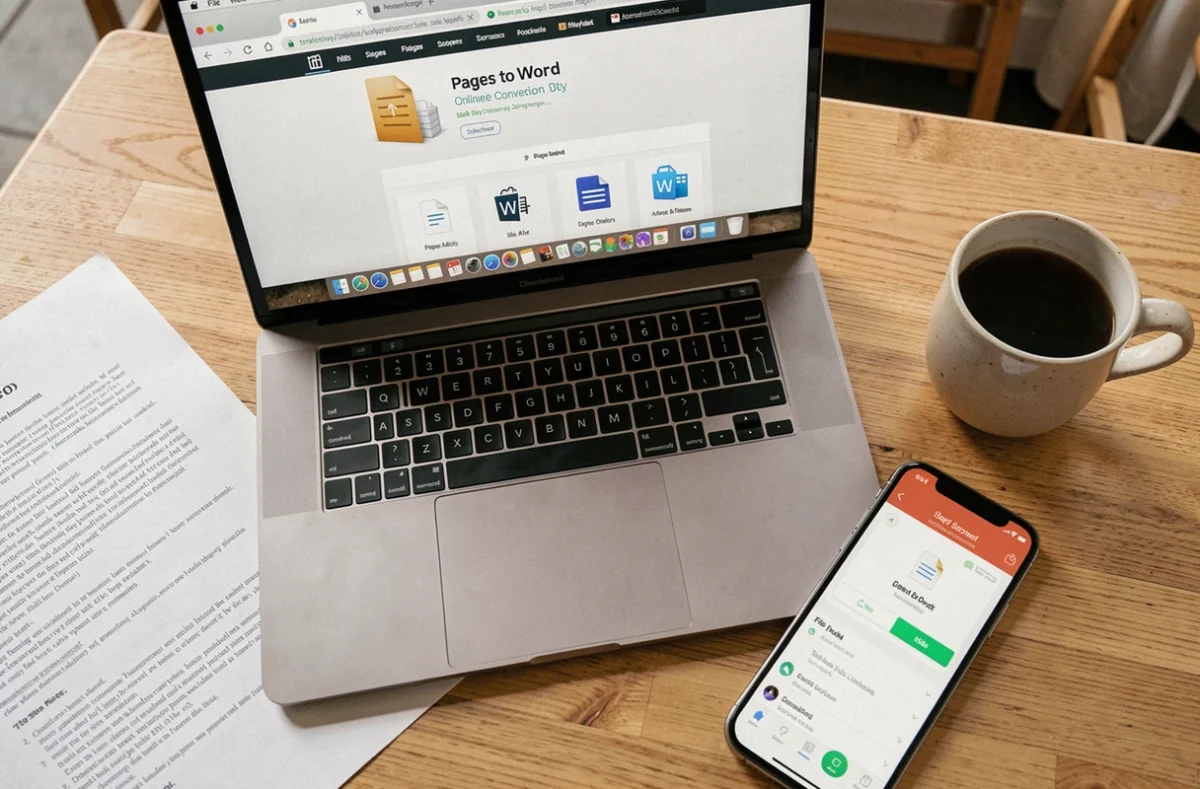 Vue de dessus d'un bureau avec un MacBook ouvert sur un convertisseur Pages en Word en ligne et un smartphone affichant une application de conversion de fichiers