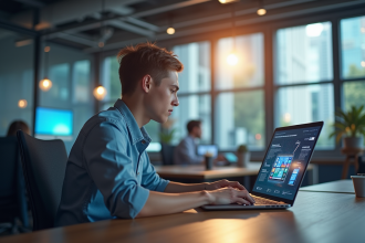 Espace de travail moderne avec un professionnel utilisant un ordinateur