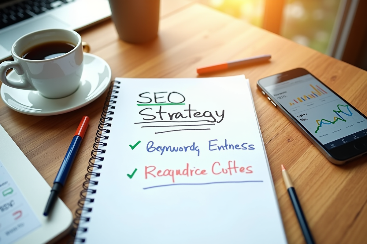 Carnet avec notes SEO et tasse de cafe sur un bureau ensoleille