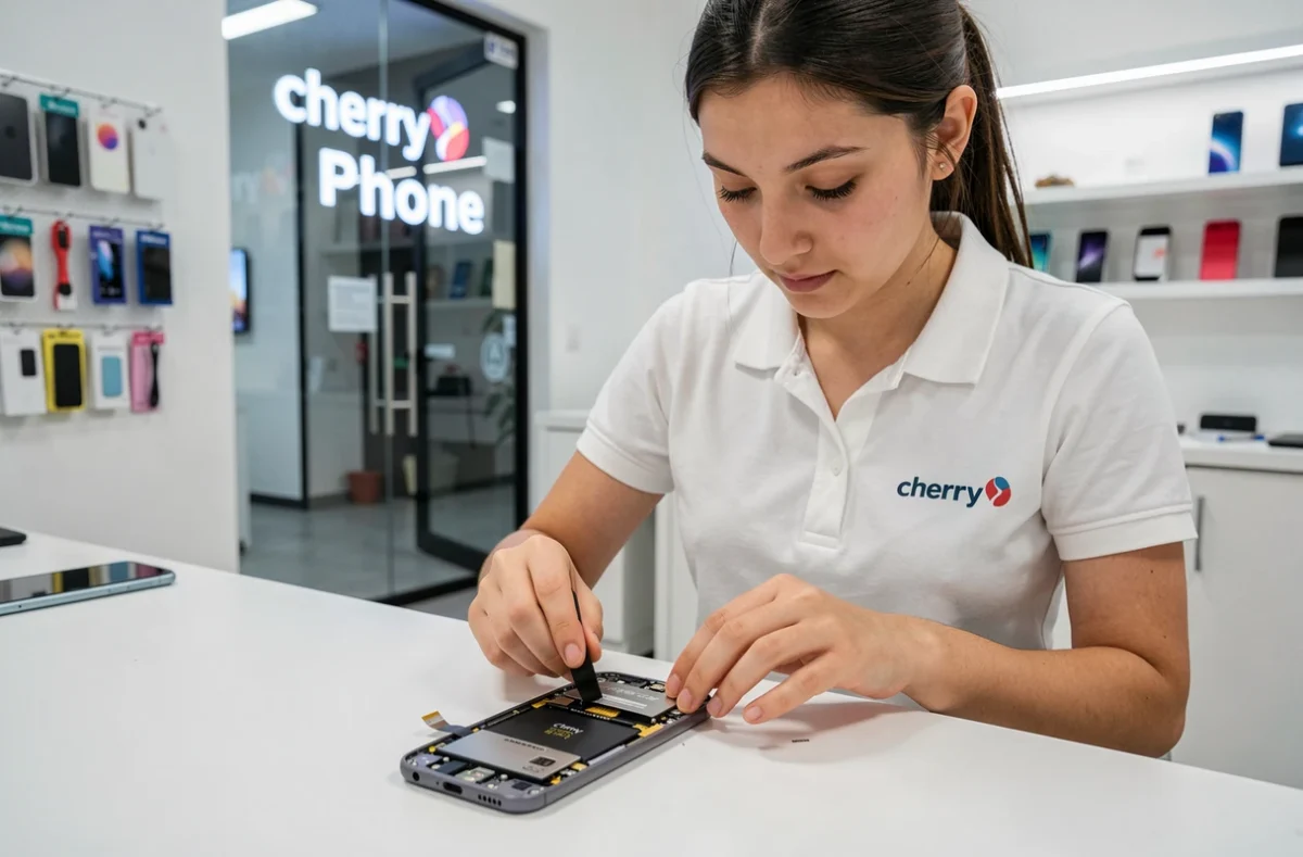 Technicienne Cherry Phone remplaçant la batterie d'un smartphone dans la boutique en Moselle