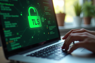 Main tapant sur un ordinateur portable avec cadenas vert lumineux