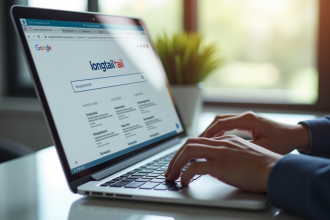 Personne tapant sur un clavier d'ordinateur avec une page de recherche SEO