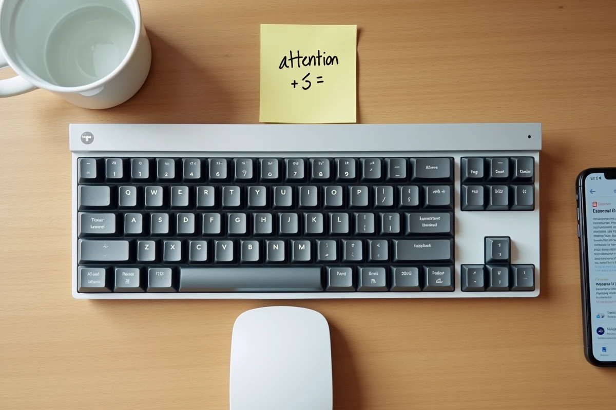 Vue de dessus d'un clavier mécanique avec une note manuscrite indiquant le raccourci pour le signe spécial sur Windows et Mac