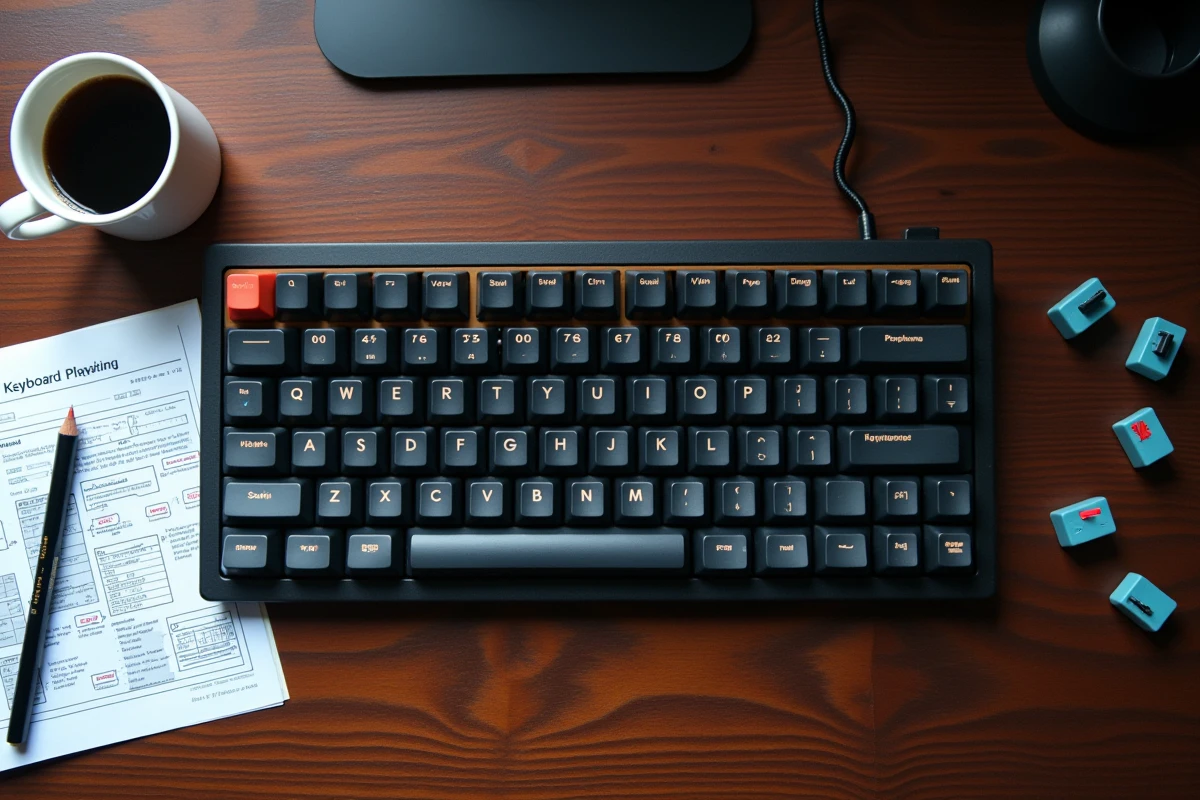 Vue aérienne d'un clavier mécanique en cours de reconfiguration avec des touches retirées pour inverser la disposition pour le gaming