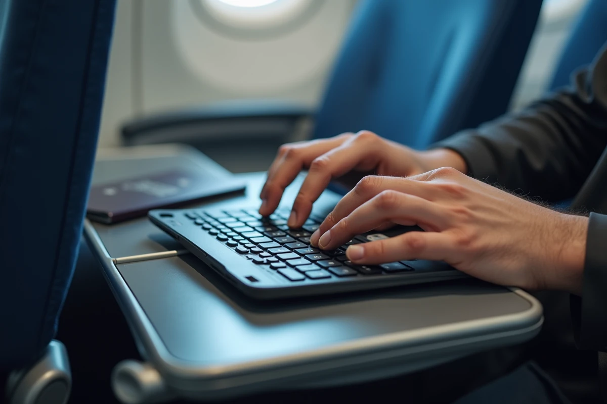 Gros plan de mains tapant sur un clavier qwerty compact pliable posé sur un plateau d'avion avec passeport et tablette
