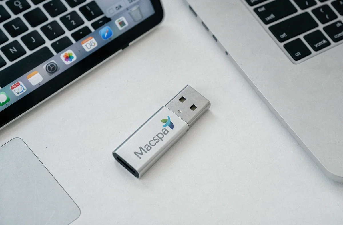 Clé USB bootable Mac OS X Sierra 10.12 posée à côté d'un MacBook avec l'interface d'installation visible à l'écran