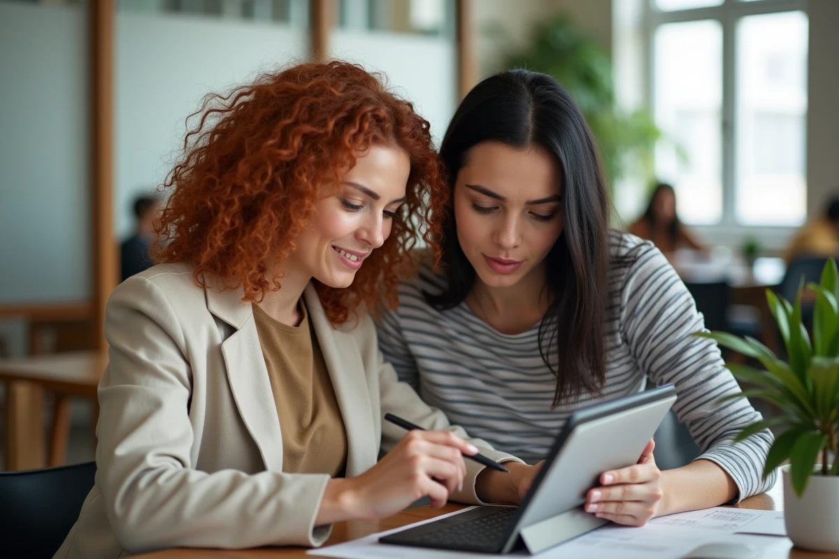 Deux femmes collaborant sur des prompts en français pour Leonardo AI dans un espace de coworking