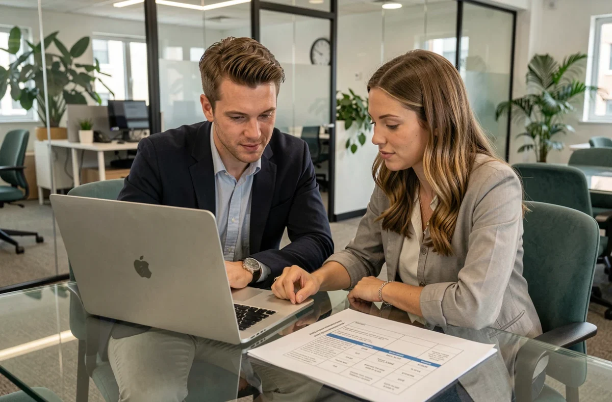 Deux collègues collaborant sur un document Word avec tableau en réunion