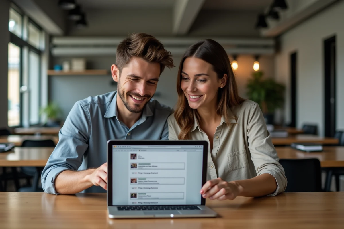 Deux collègues en espace de coworking discutant des bonnes pratiques d'utilisation du Cc et Cci dans un email professionnel