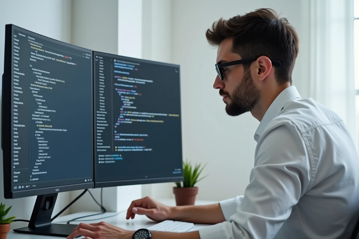 Développeur comparant la suppression manuelle et automatique du cache FiveM sur un écran ultrawide en home office