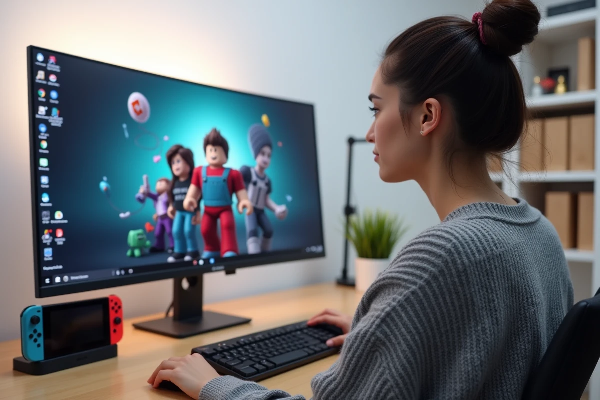 Jeune femme comparant Roblox sur PC et Nintendo Switch côte à côte sur un bureau gaming moderne