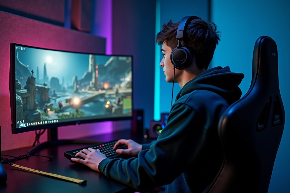 Jeune gamer comparant un écran courbe 27 pouces et un écran plat 24 pouces pour choisir la meilleure taille pour le gaming