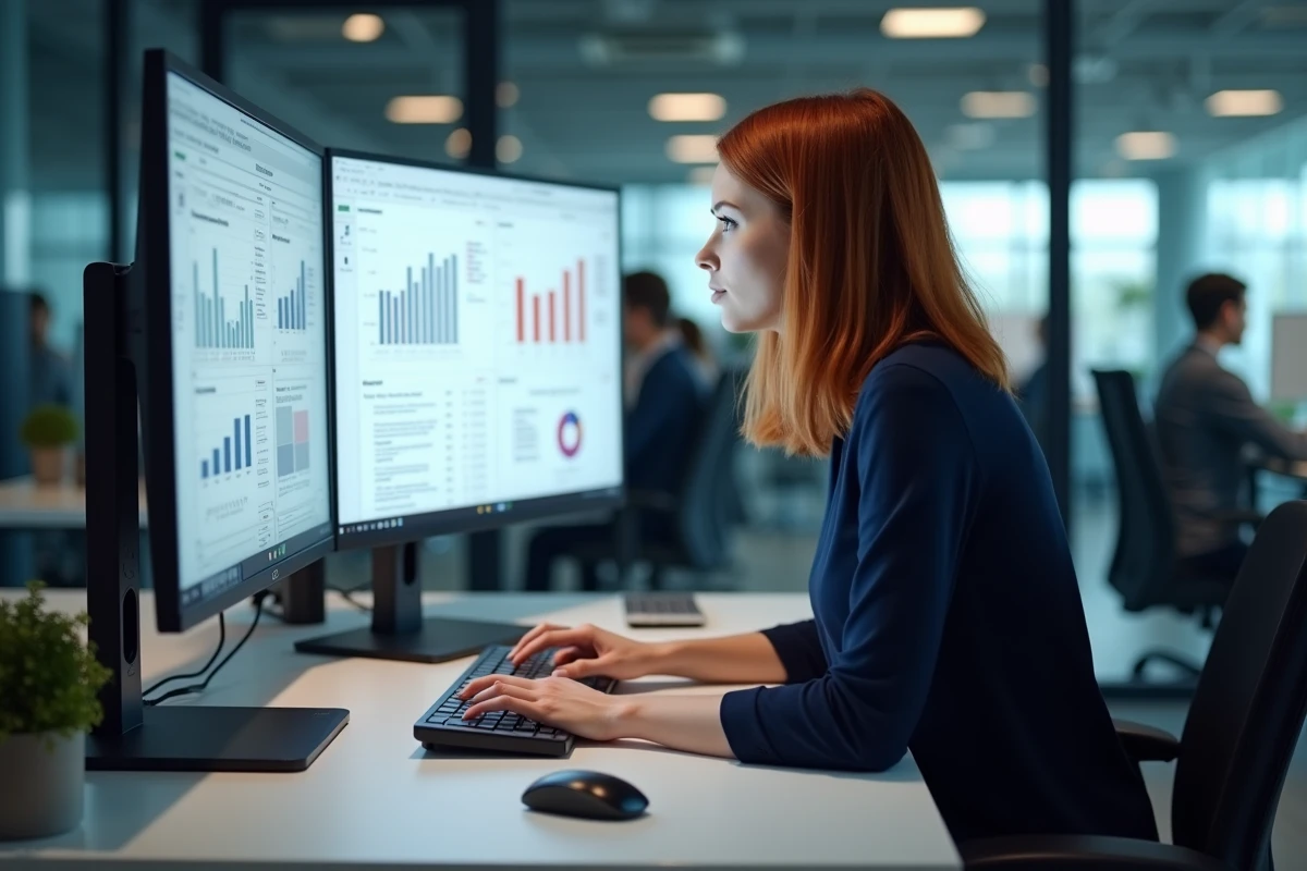 Femme travaillant sur une configuration double écran 24 et 27 pouces dans un bureau professionnel moderne en open space
