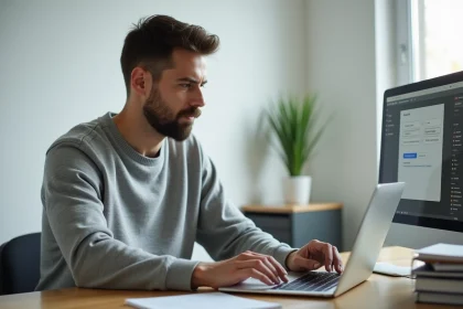Homme configurant les paramètres SMTP et IMAP de 1&1 Webmail sur un ordinateur portable dans un bureau minimaliste