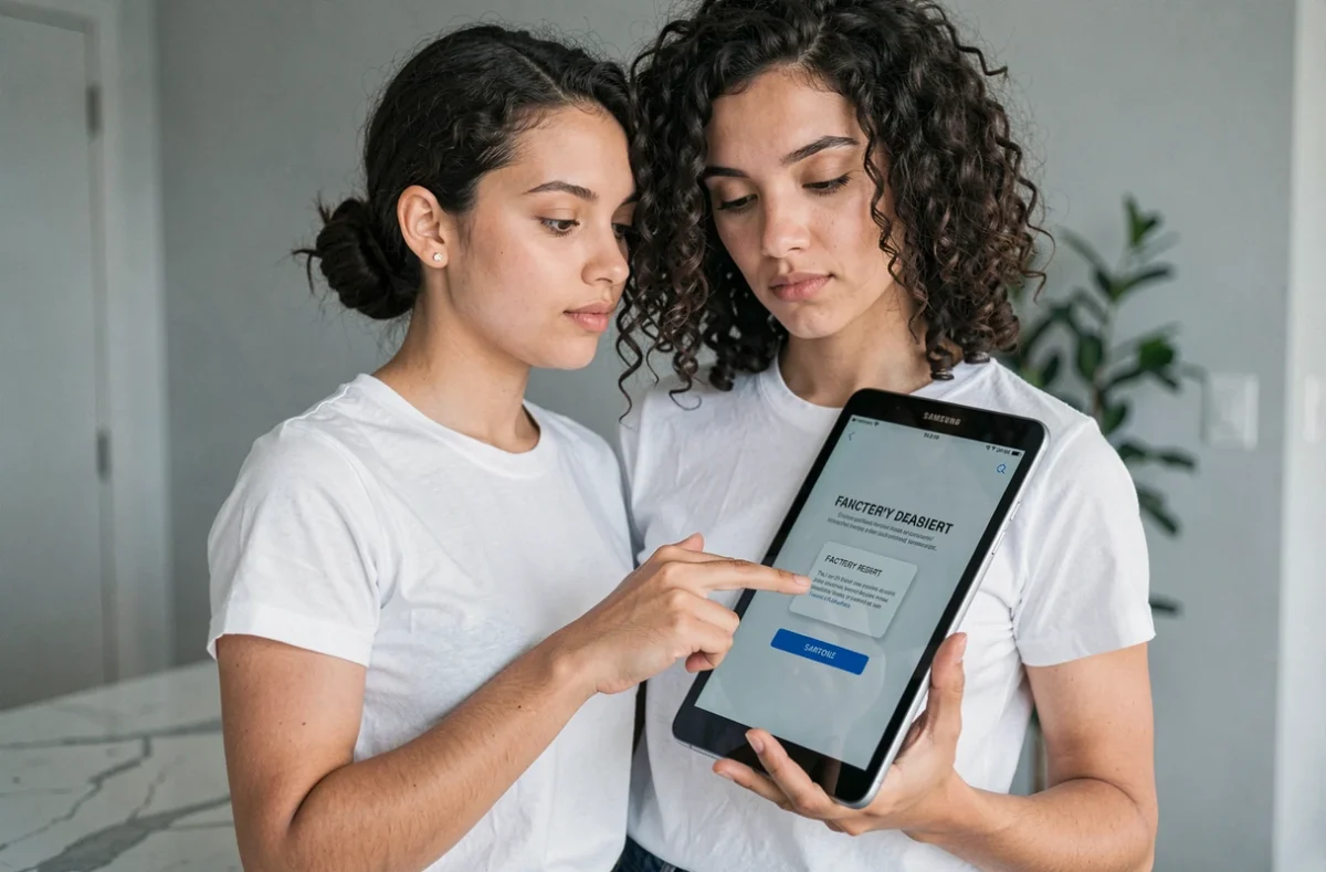 Jeune femme sur le point de confirmer la réinitialisation d'usine d'une tablette Samsung