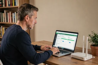 Homme accédant à l'interface Freebox sur un laptop depuis un bureau à domicile
