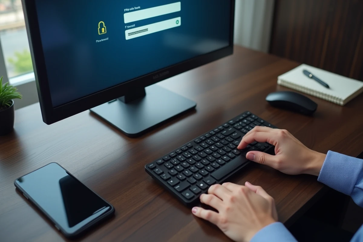 Mains saisissant un mot de passe sécurisé pour accéder à un portail de fiches de paie en ligne