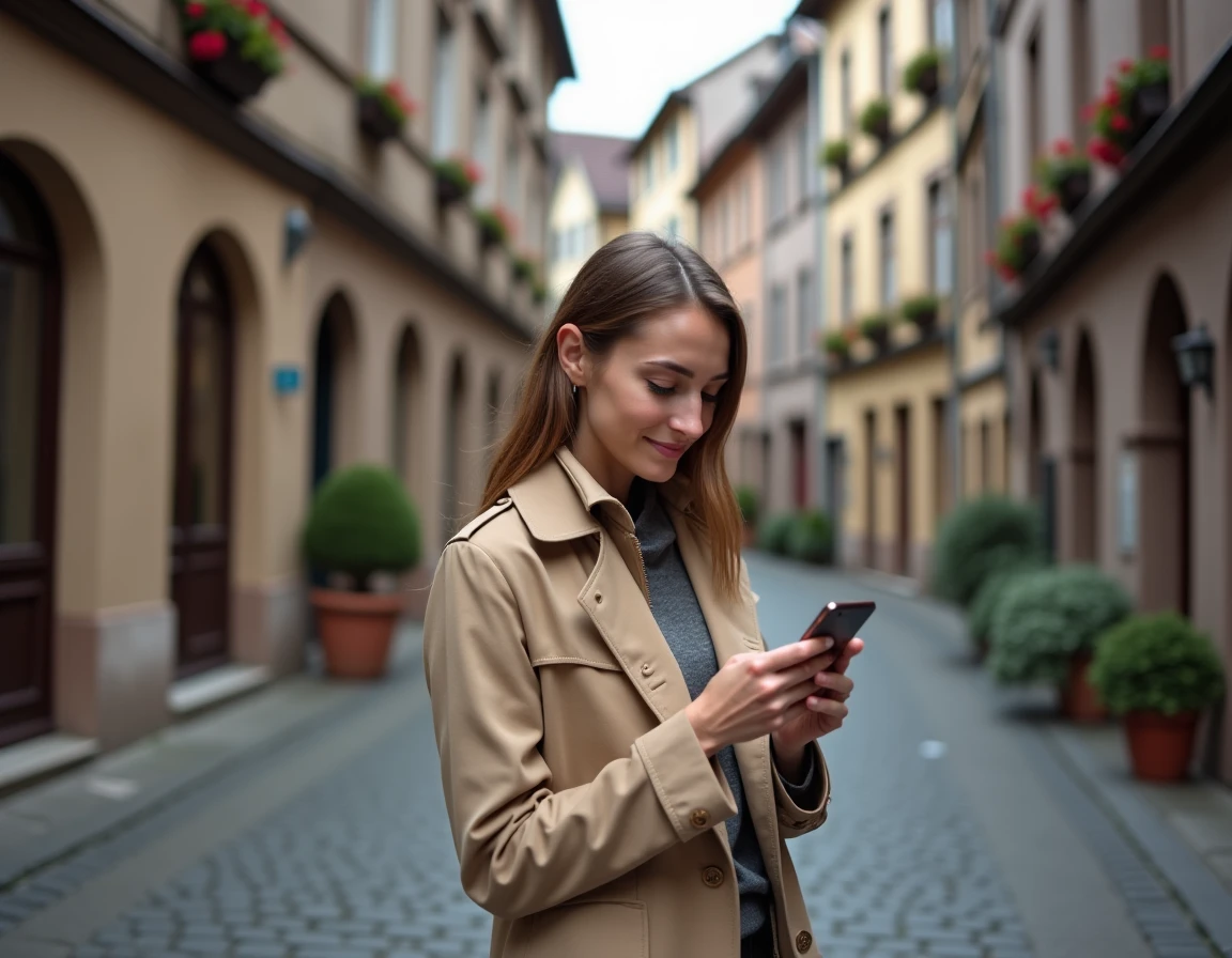 Jeune professionnelle consultant ses emails sur smartphone dans les rues historiques de la Petite France à Strasbourg en télétravail mobile