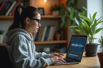 Jeune femme convertissant une vidéo YouTube en fichier WAV sur son ordinateur portable depuis un bureau à domicile