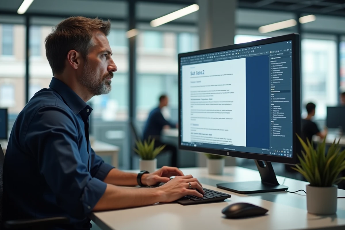 Homme vérifiant les marques de paragraphe dans Word pour corriger une page blanche sur un grand écran de bureau