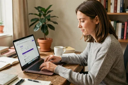 Femme créant un compte Yahoo sur son ordinateur portable depuis un bureau à domicile