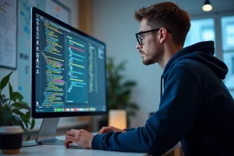 Jeune developpeur blockchain concentré sur son écran