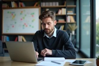 Jeune développeur logiciel travaillant sur son ordinateur dans un bureau moderne