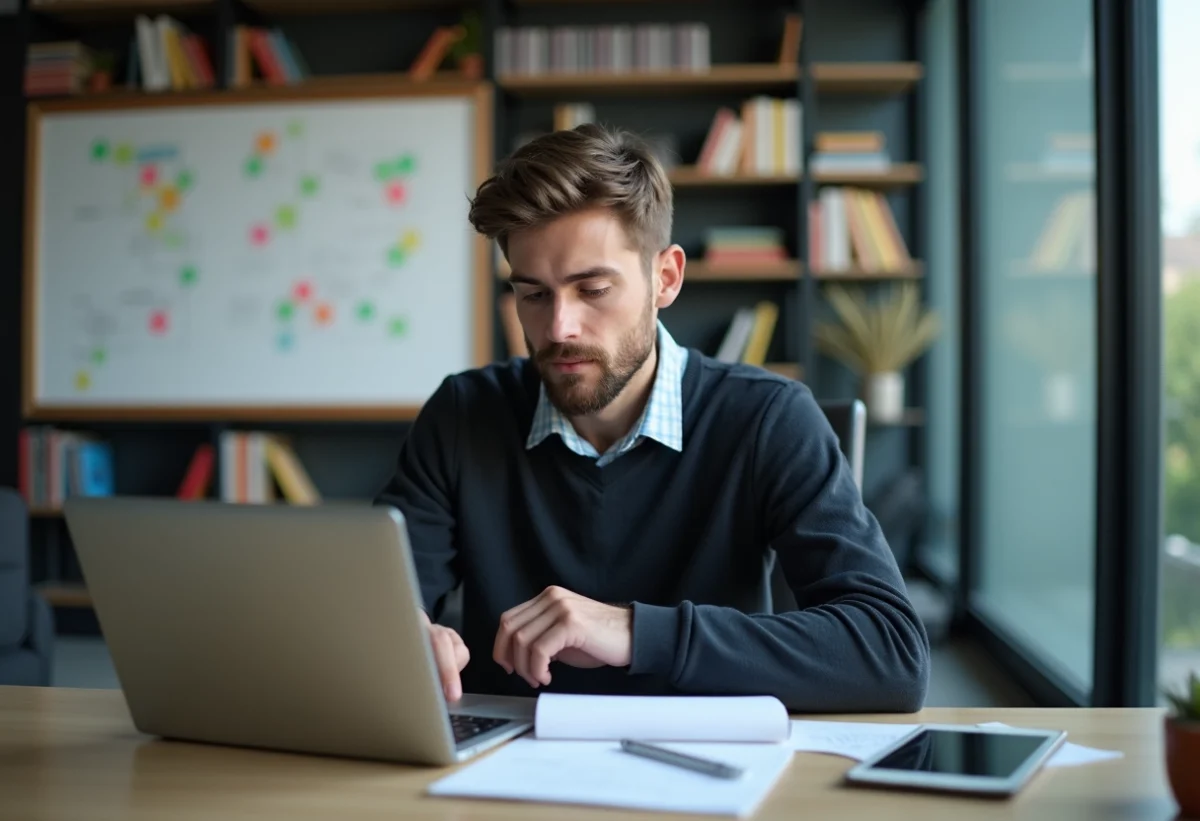 Jeune développeur logiciel travaillant sur son ordinateur dans un bureau moderne