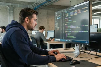 Développeur web masculin analysant les versions PHP dans un terminal WordPress sur un écran ultrawide en open space