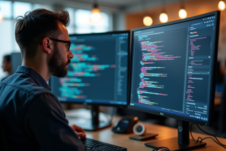 Développeur web concentré analysant du code sur deux écrans avec graphiques colorés