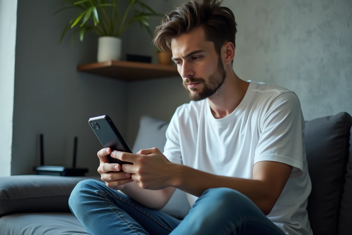 Jeune homme consultant l'interface de gestion Freebox sur smartphone pour résoudre un problème de connexion