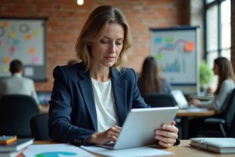 Dirigeante de PME analysant un tableau de bord numérique innovant dans un bureau moderne