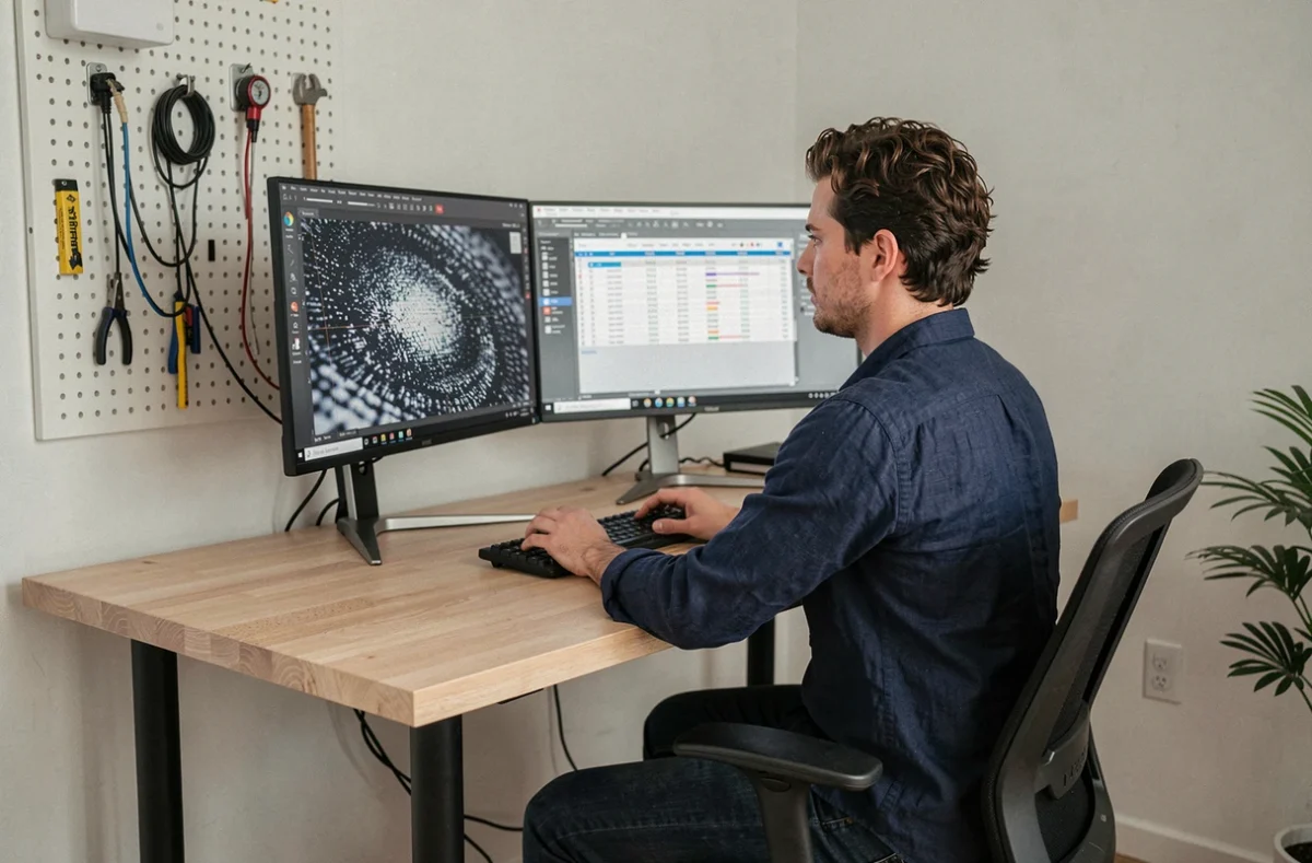 Homme travaillant sur un double écran affichant un calculateur de résolution DPI et un zoom sur des pixels dans un bureau moderne à domicile