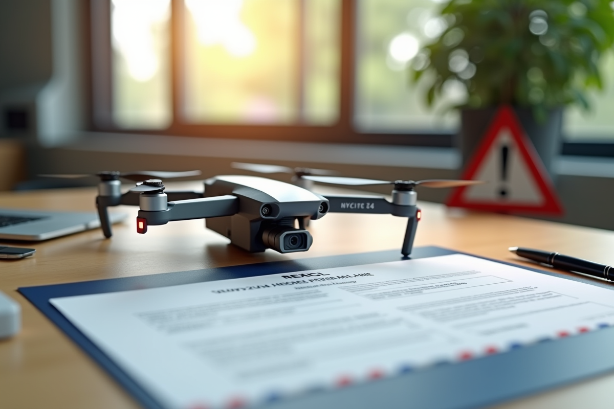 Drone moderne posé sur une table avec documents officiels français