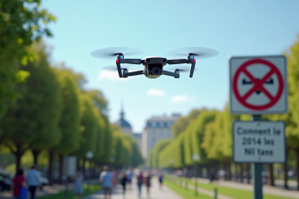 Petit drone volant au-dessus d'un parc urbain en France avec des passants