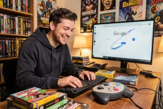 Jeune homme souriant devant Google avec un Easter egg Do a Barrel Roll sur écran, entouré de jeux vidéo rétro