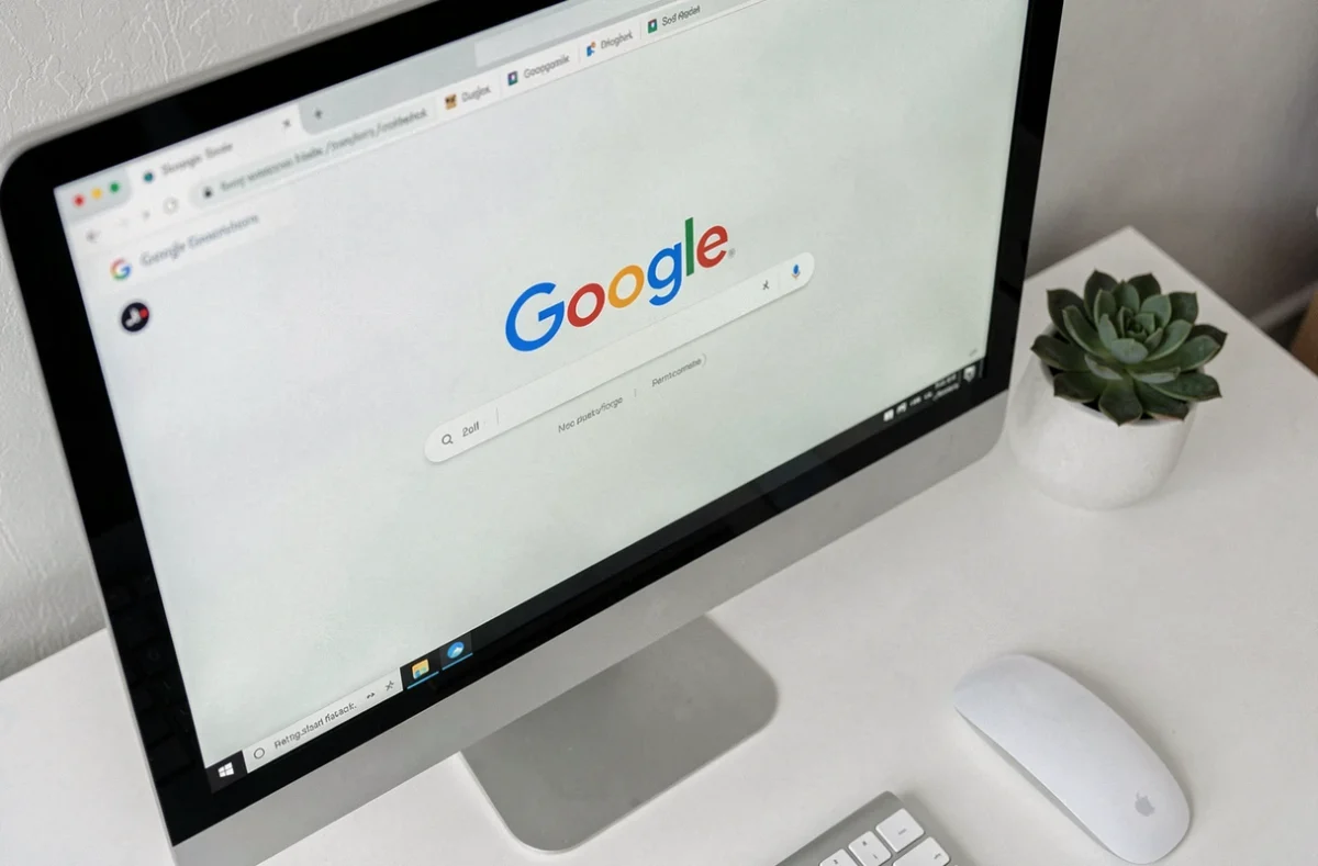 Écran d'ordinateur affichant l'Easter egg Do a Barrel Roll de Google avec l'interface en rotation à 45 degrés