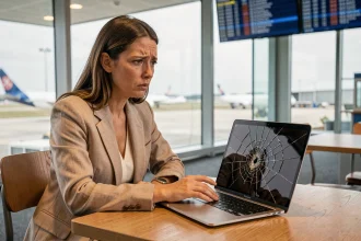 Femme inquiète devant son écran MacBook cassé dans un terminal d'aéroport