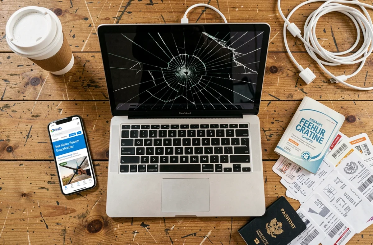 Vue aérienne d'un MacBook avec écran cassé et documents de voyage sur un bureau